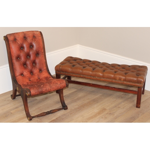 62 - A vintage Chesterfield style button back slipper chair and a similar matching long low footstool, st... 