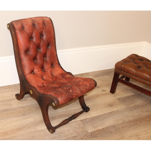 62 - A vintage Chesterfield style button back slipper chair and a similar matching long low footstool, st... 