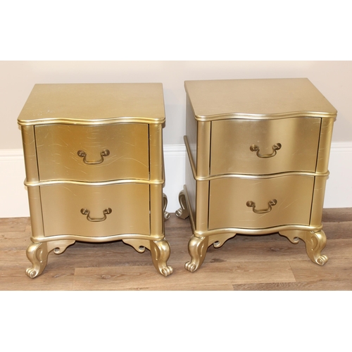 18 - Julian Chichester Regency range, a pair of wavy 2 drawer bedside tables with distressed gold finish ... 