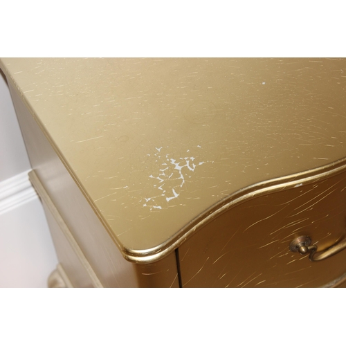 18 - Julian Chichester Regency range, a pair of wavy 2 drawer bedside tables with distressed gold finish ... 