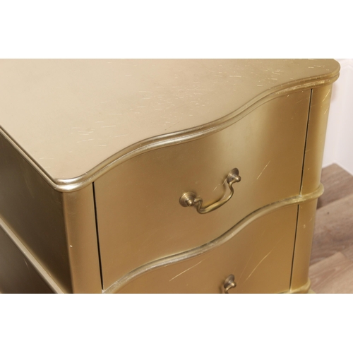 18 - Julian Chichester Regency range, a pair of wavy 2 drawer bedside tables with distressed gold finish ... 