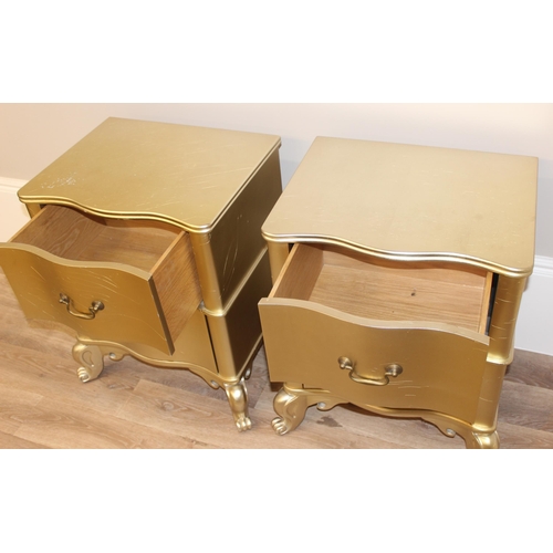 18 - Julian Chichester Regency range, a pair of wavy 2 drawer bedside tables with distressed gold finish ... 