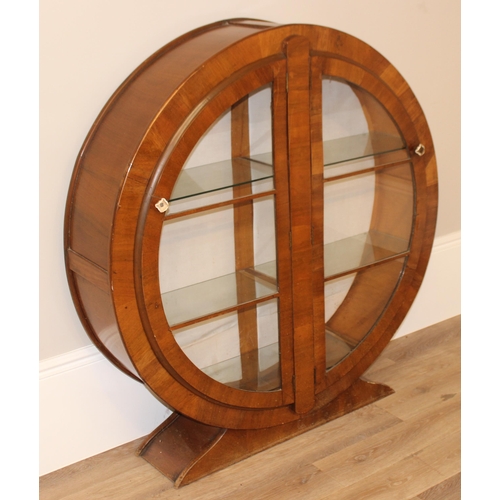 17 - An unusual Art Deco period circular display cabinet with glass shelves, approx 117cm wide x 31cm dee... 