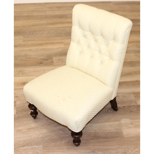 99 - An antique button back nursing chair with cream upholstery, approx 48cm wide x 38cm deep x 72cm tall