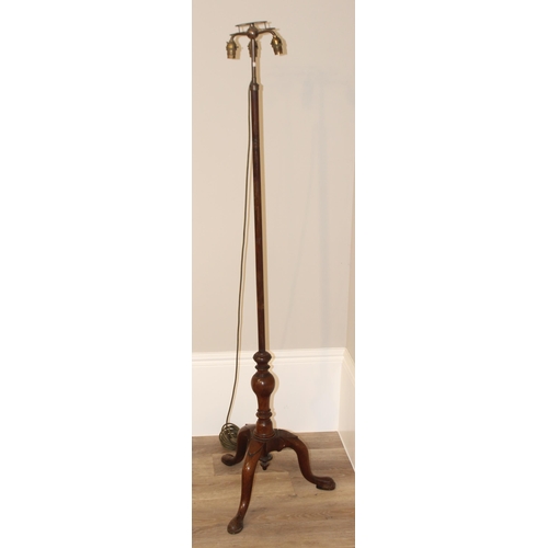 282 - An antique standard lamp with mahogany tripod base and triple bulb fitting, approx 160cm tall