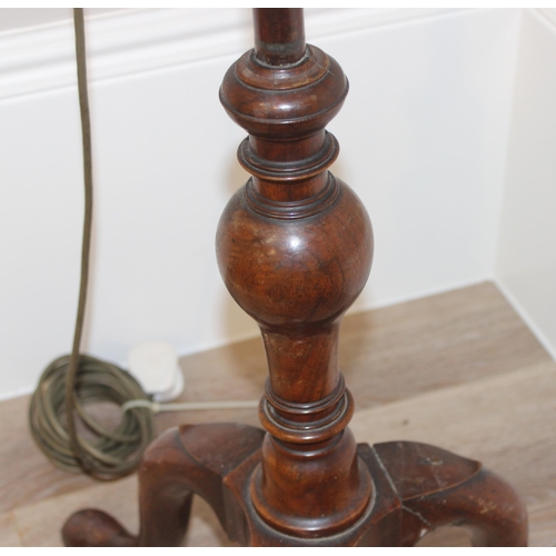 282 - An antique standard lamp with mahogany tripod base and triple bulb fitting, approx 160cm tall