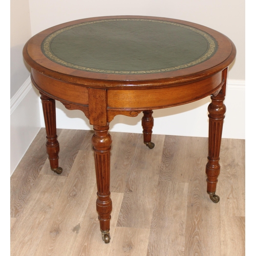 2 - A superb quality 19th century circular library table with gilt tooled green leather top, reeded colu... 