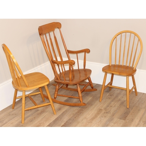 49 - 2 retro style dining chairs and rocking chair, rocker approx 104cm tall