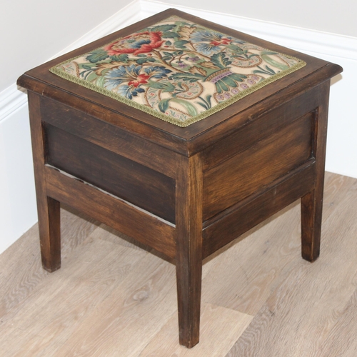 83 - A vintage sewing box table or stool with upholstered top and contents, approx 44cm wide x 37cm deep ... 