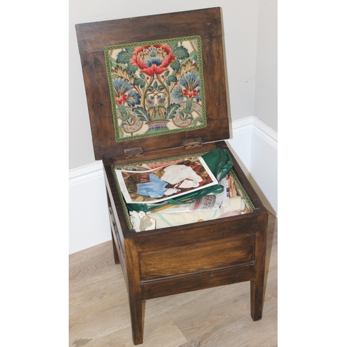 83 - A vintage sewing box table or stool with upholstered top and contents, approx 44cm wide x 37cm deep ... 