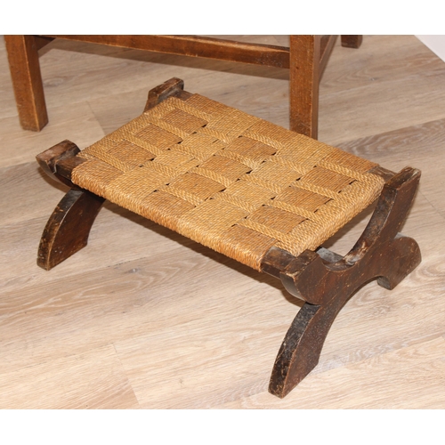 100 - A vintage slatted armchair, Arts & Crafts period seagrass topped footstool and a small Indian carved... 