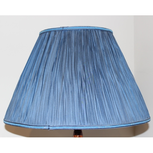 286 - Bobbin turned wooden standard lamp with blue shade, approx 180cm tall