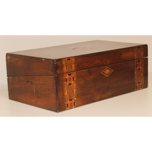 336 - An antique inlaid wooden writing slope, approx 40cm wide x 24cm deep x 16cm tall