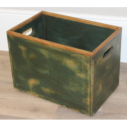 55 - A vintage stained green oak-edged crate, approx 58cm wide x 37cm deep x 43cm tall