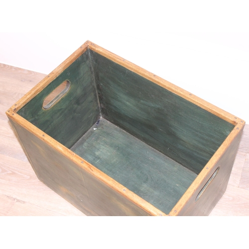 55 - A vintage stained green oak-edged crate, approx 58cm wide x 37cm deep x 43cm tall