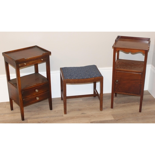 29 - 2 vintage mahogany wash stands and a fabric topped stool, largest approx. 38cm W x 35cm D x 77cm H