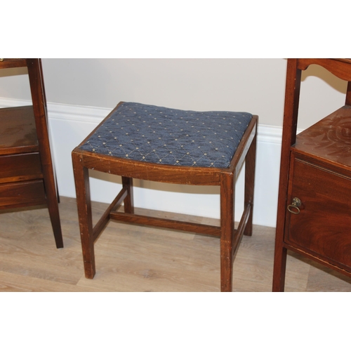 29 - 2 vintage mahogany wash stands and a fabric topped stool, largest approx. 38cm W x 35cm D x 77cm H