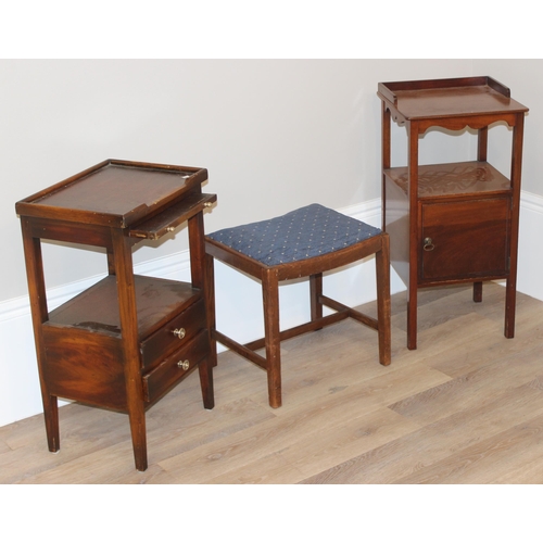 29 - 2 vintage mahogany wash stands and a fabric topped stool, largest approx. 38cm W x 35cm D x 77cm H