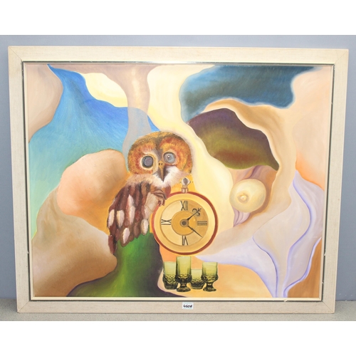 494 - Large oil on canvas in frame abstract painting of a tawny owlet next to a clock, seemingly unsigned,... 