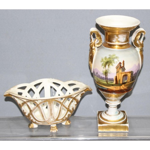 1773 - Mix of ceramic items to incl an antique hand painted porcelain vase with gilt decoration, and a simi... 