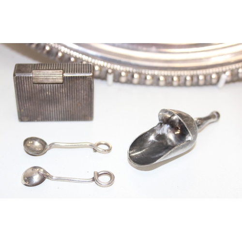 1073 - Qty of silver-plated items to incl a S. T. Dupont of France cigarette lighter, spoons, tray and coal... 