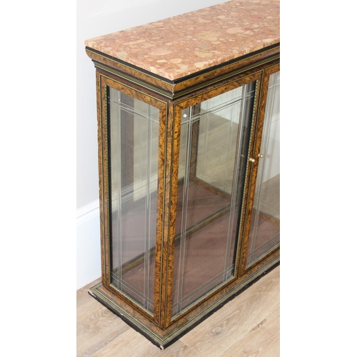 177 - Vintage faux marble topped burrwood display cabinet with glazed doors and mirrored back, approx 87cm... 