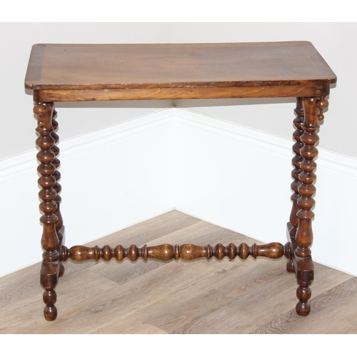 180 - Antique mahogany hall table with inlaid butterfly details and bobbin turned legs and support beam, a... 