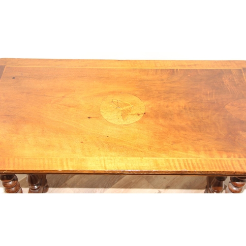 180 - Antique mahogany hall table with inlaid butterfly details and bobbin turned legs and support beam, a... 