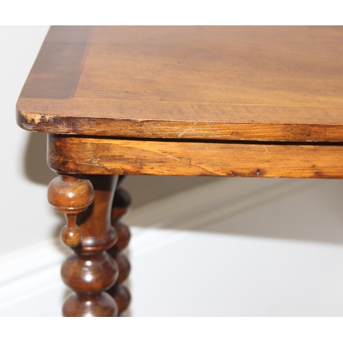 180 - Antique mahogany hall table with inlaid butterfly details and bobbin turned legs and support beam, a... 