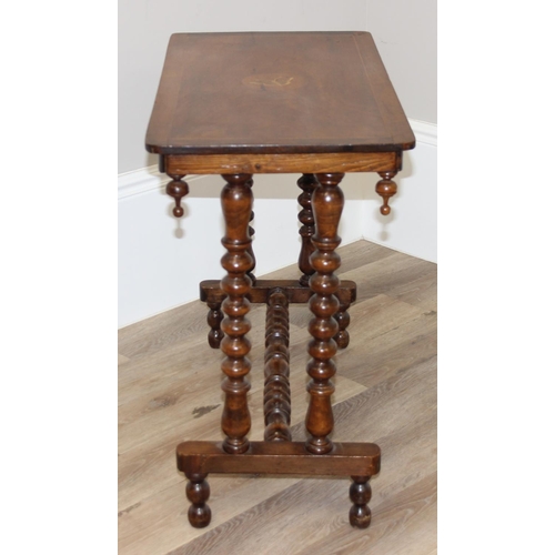 180 - Antique mahogany hall table with inlaid butterfly details and bobbin turned legs and support beam, a... 