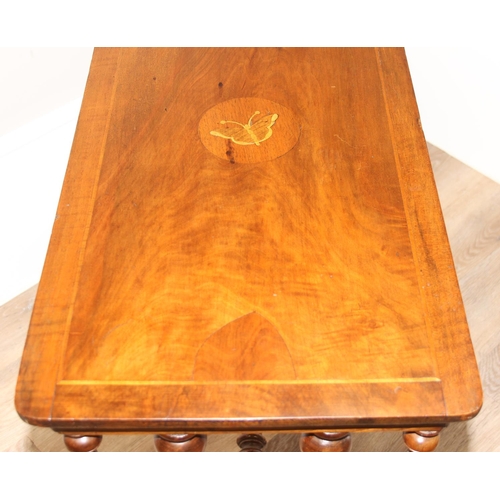 180 - Antique mahogany hall table with inlaid butterfly details and bobbin turned legs and support beam, a... 