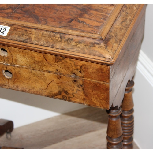 182 - An antique burr walnut sewing table on turned legs, approx 51 x 36 x 71cm