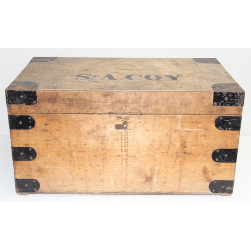 111 - Vintage iron-bound pine trunk, approx 56 x 34 x 29cm