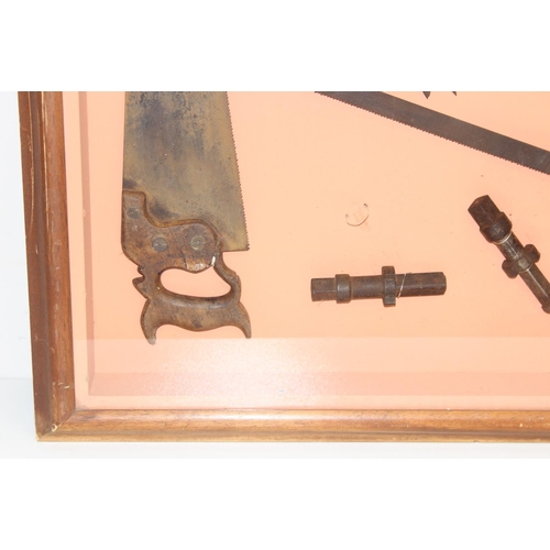 727 - Display of vintage tools in glazed frame/case, approx 86 x 86 x 10cm