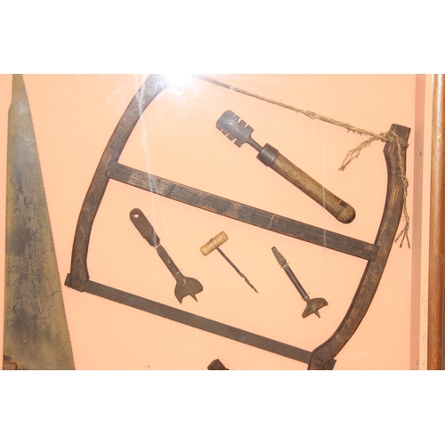 727 - Display of vintage tools in glazed frame/case, approx 86 x 86 x 10cm