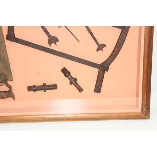 727 - Display of vintage tools in glazed frame/case, approx 86 x 86 x 10cm