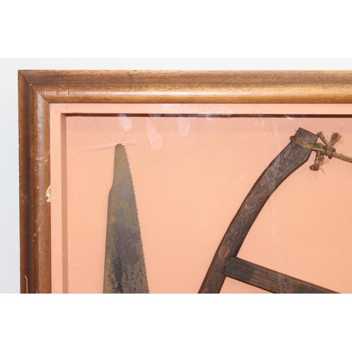 727 - Display of vintage tools in glazed frame/case, approx 86 x 86 x 10cm