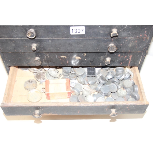 1307 - Vintage watchmakers' 6-drawer chest with contents to incl watch glass crystals and a huge qty of wat... 