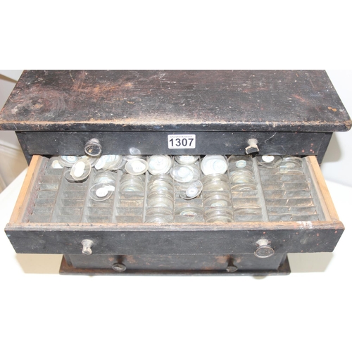 1307 - Vintage watchmakers' 6-drawer chest with contents to incl watch glass crystals and a huge qty of wat... 