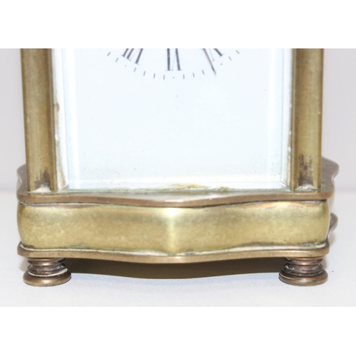 1308 - Vintage French brass cased carriage clock with mechanical movement, approx 12cm tall