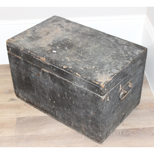 139 - A vintage black painted pine trunk or box with wrought iron handles, approx 70cm wide x 43cm deep x ... 