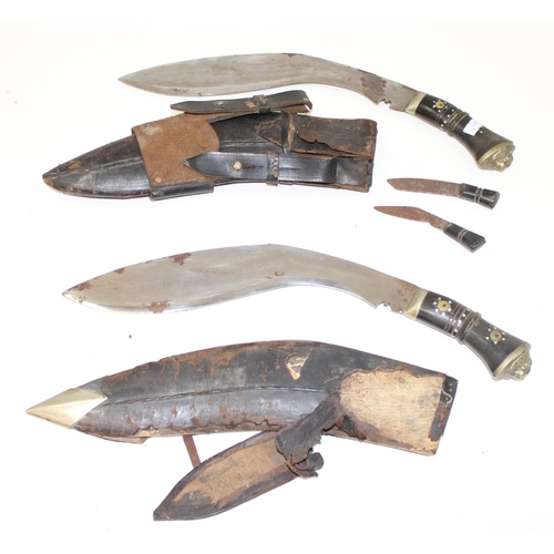 1407 - 2 vintage Kukri knives in sheaths with inlaid handles, approx 41cm incl handle