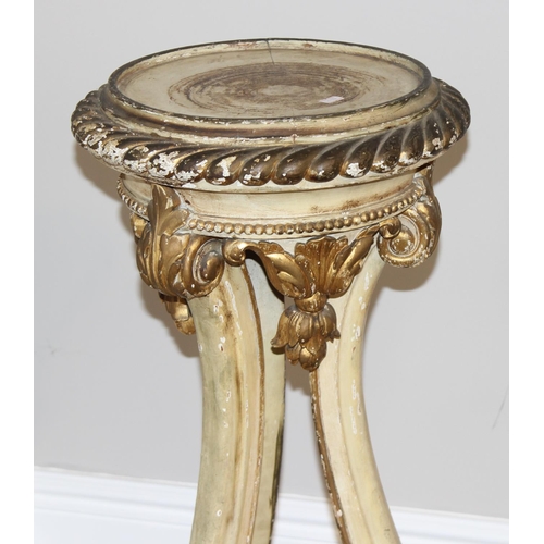 142 - An antique French Louis XV style cream painted and gilt jardinière or candle stand with acanthus scr... 