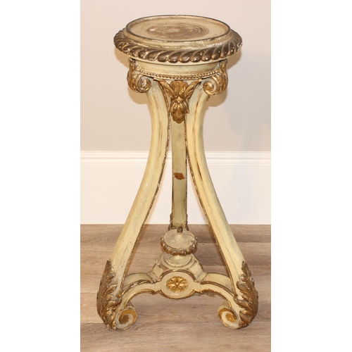 142 - An antique French Louis XV style cream painted and gilt jardinière or candle stand with acanthus scr... 