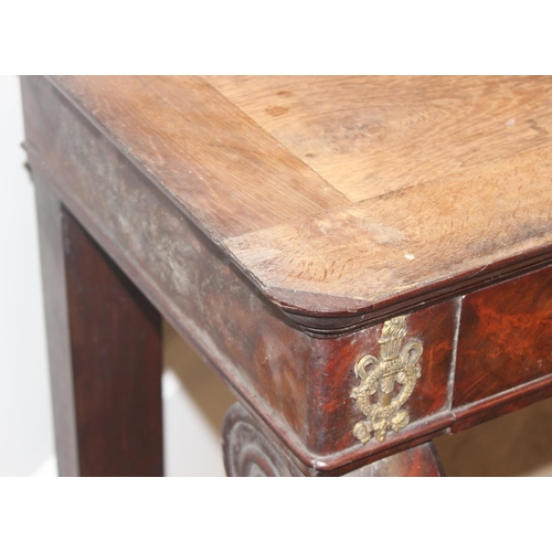 144 - A 19th century French Empire style mahogany console table base with single drawer and impressive scr... 