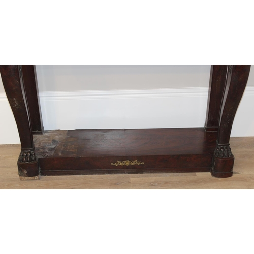 144 - A 19th century French Empire style mahogany console table base with single drawer and impressive scr... 