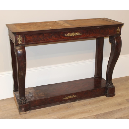 144 - A 19th century French Empire style mahogany console table base with single drawer and impressive scr... 