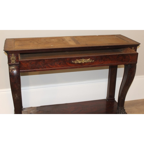 144 - A 19th century French Empire style mahogany console table base with single drawer and impressive scr... 