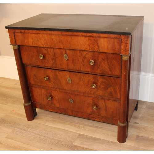 145 - A 19th century French Empire style mahogany 4 drawer chest of drawers with black marble top, gilt br... 