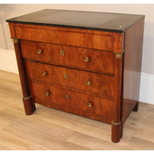 145 - A 19th century French Empire style mahogany 4 drawer chest of drawers with black marble top, gilt br... 